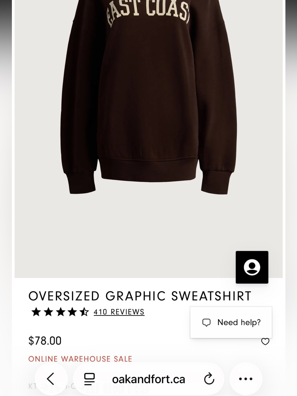 OAK + FORT East Coast Crewneck Sweatshirt - Dark Brown with Cream Lettering - Picture 2 of 2